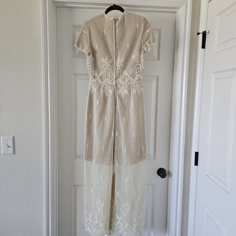 1960s 1970s Vintage Bridal Aldens Fashions Hippie Boho Maxi Dress Crochet Lace - Picture 4 of 9